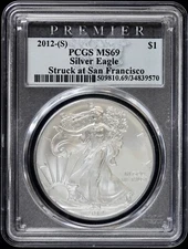2012 S American Silver Eagle Dollar $1 PCGS MS 69 (BU Uncirculated) ASE Premier