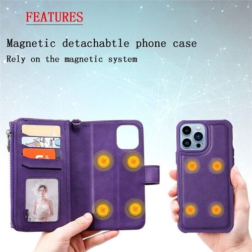 For iPhone 16e 15 14 13 12 11 Pro Max 8 Detachable Zip Leather Wallet Case Cover - Picture 80 of 91