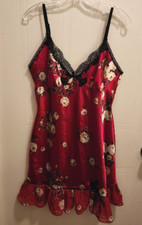 Delicates Women's Sleeveless V Neck Satin Nightgown Ruffle Hem Red Floral Size M