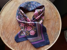 Vintage Scarf 27” Square Pink Flowers Gold Leaves On Dark Blue Background