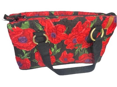 Donna Sharp Handbag Purse Floral Black Red Quilted Fabric
