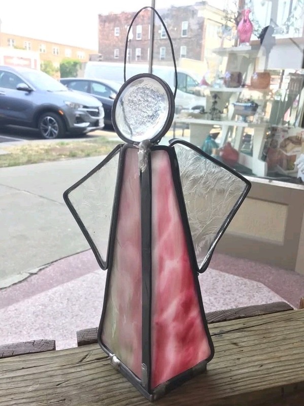 Pink Stained Glass Angel Hanging Candle Holder