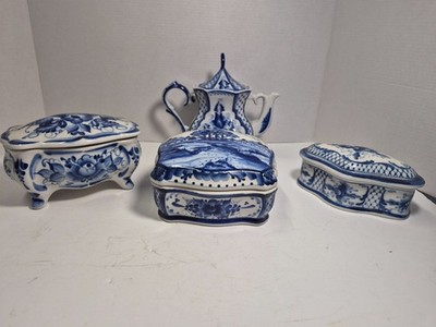 Hand Made GZHEL Signed Trinket Boxes and COHB Tea Pot
