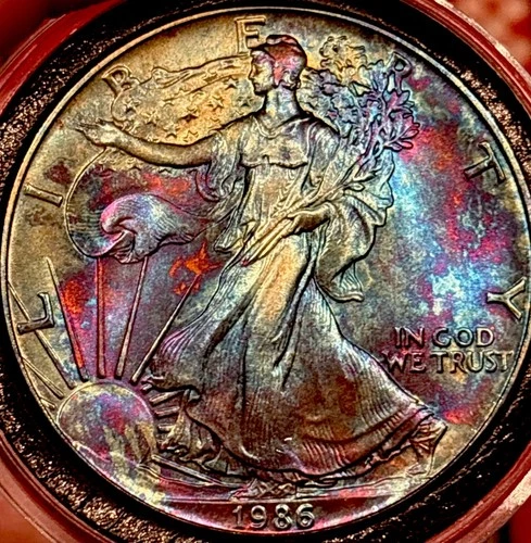 Rainbow Toned 1986 American Silver Eagle 1oz .999 Brilliant Uncirculated