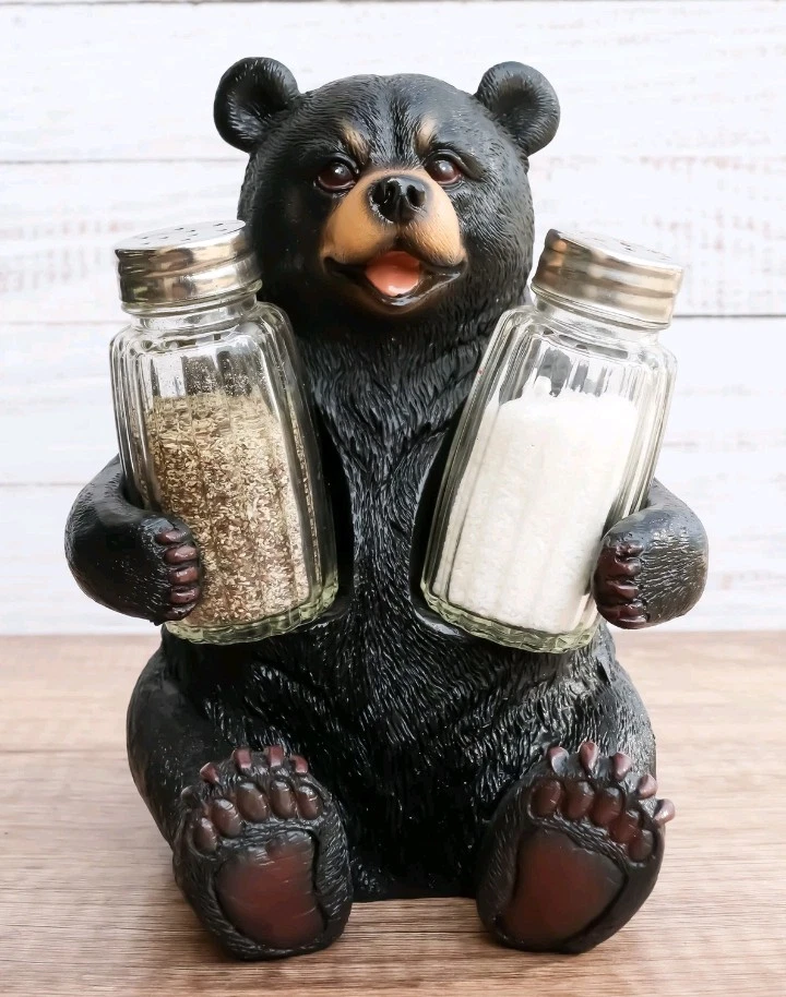 Black Bear - Beary Seasoned, Salt & Pepper Shakers Holder Kitchen Decor, NEW
