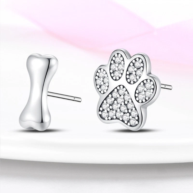 PANDACH 925 Sterling Silver Bones & Paw Stud Earrings Asymmetry Womens Jewelry - Image 3 of 4