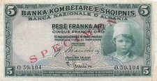 Albania 5  Franka Ari ND. 1926 P 2s  Series O  Specimen Circulated Banknote HJ S