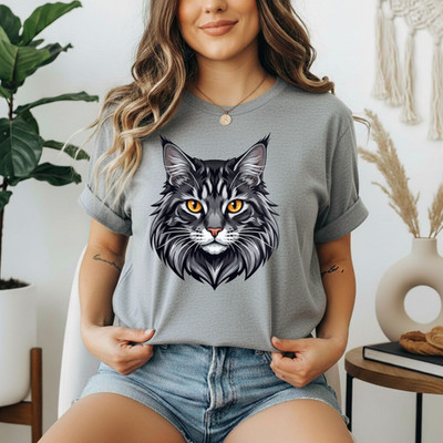 Maine Coon Cat Face Tee | Realistic Grey Cat Portrait, Yellow Eyes