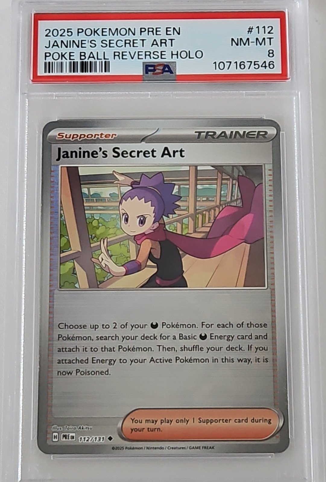 Pokemon PSA 8 Janine's Secret Art 112/131 Sv Prismatic Evolutions Reverse Holo