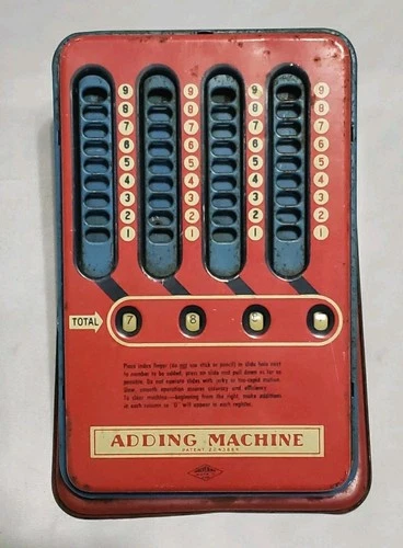 Vintage 1940/50s Tin Wolverine USA Red Blue Metal Math Toy Adding Machine Works