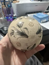 3.5" Ceramic/Porcelain Carpet Ball Decorative Green White Stripes Vintage