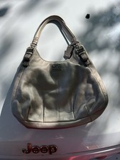 Coach Beige Pebbled Leather Shoulder Bag with Tag Accent for Women
