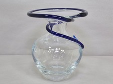 Vintage Studio Art Hand Blown Clear Glass Vase Cobalt Blue Wrap Swirl 5-5/8"
