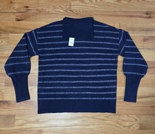 NWT Loft Blue  Silver Striped Long Sleeve Knit Turtleneck Stretch Sweater XS