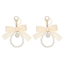 2Pcs Ribbon Bow Keychain, Cute Pearl Wristlet Keychain Bow Charm, Beige
