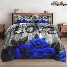 Comforter Set Size with 2 Pillowcases, Dark Blue Rose Flower 3 Full Multi 21