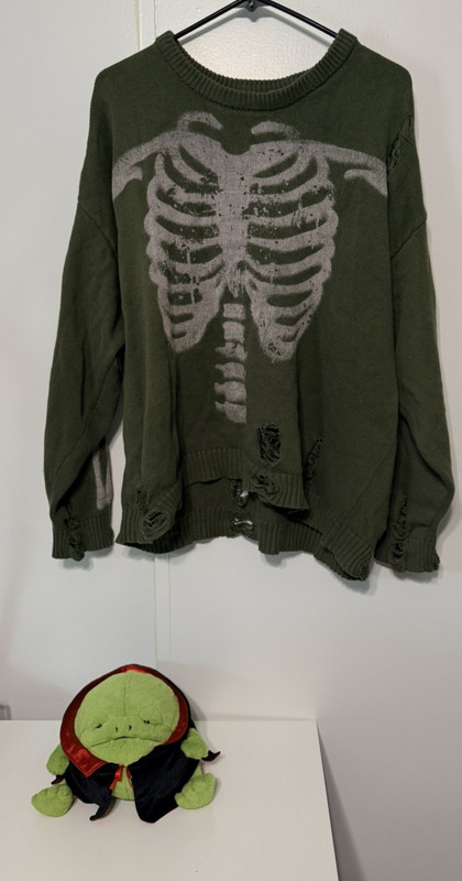 Hot Topic Mens Olive Green Graphic Knit Sweater Distressed Punk Goth XXL