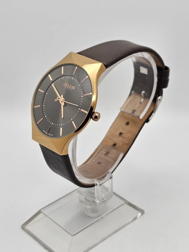Reloj de cuarzo analógico Julius para hombre tono cobre JA-577M detalles oro rosa correa marrón Foto 2 de 4