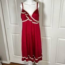 VTG Shadowline Gown Womens M Red Nylon Satin Lace Ruffle Nightgown 70s cottage
