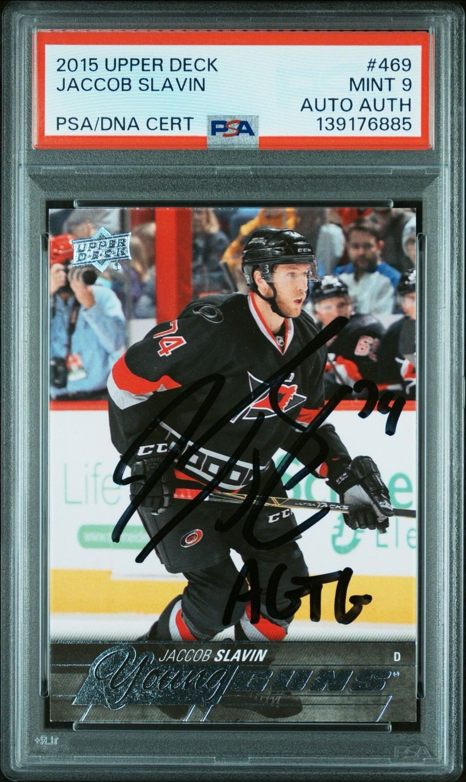 2015-16 Upper Deck Young Guns Jaccob Slavin #469 (RC) Autographed PSA 9