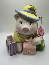 Mud Pie Piggy Coin Bank Yellow Dress Shopping Mall Fund Ceramic 6" X 6" Sale Tag