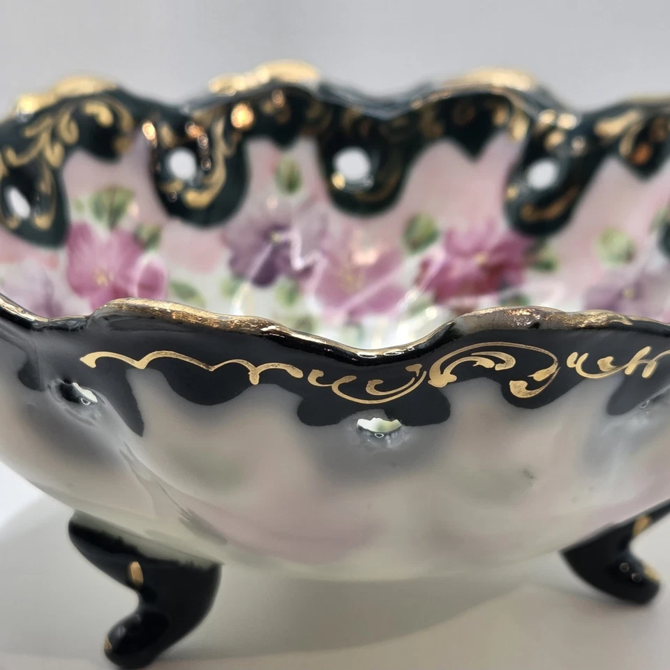 古董日本手绘3英尺5英寸瓷碗粉红色花朵绿色金色 — 第 4/4 张图片