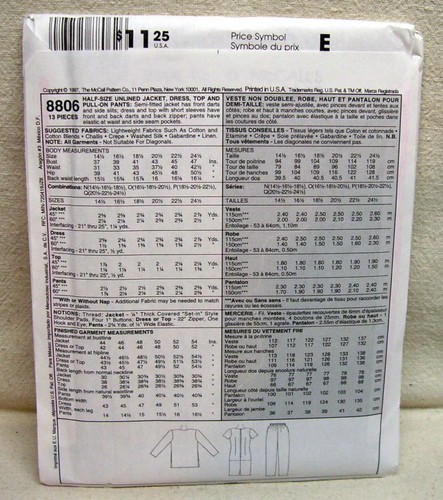 McCall's Pattern #8806 Sin cortar 1/2 Tamaño Jcket/Drss/Tp/Pnt 16 1/2 - 18 1/2 - 20 1/2 - Imagen 2 de 2