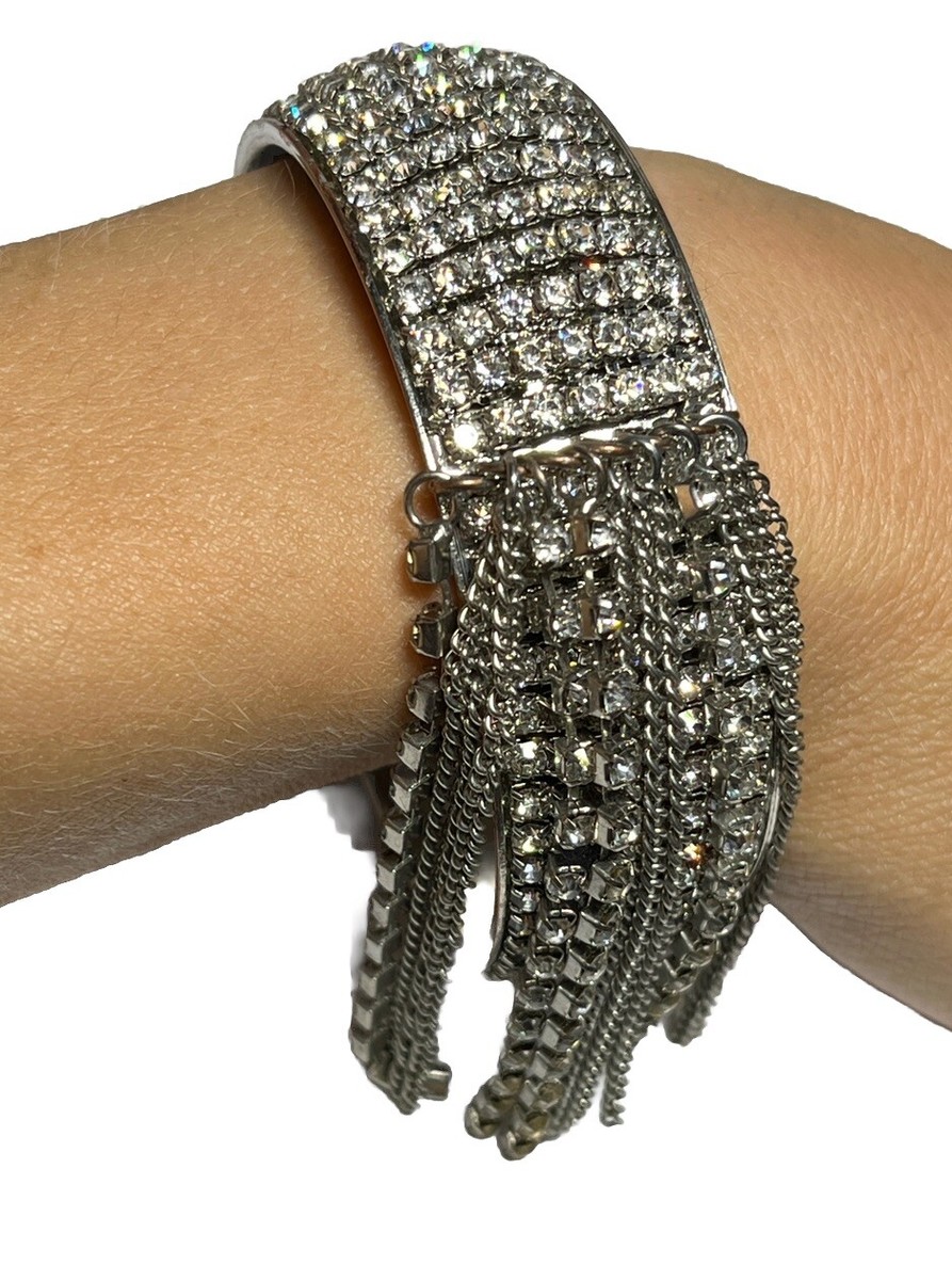 Vintage Bracelet 7 Row Rhinestone Bangle Fringe Detail Grunge Glam