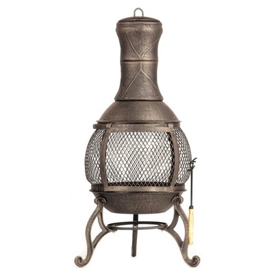Outdoor Portable Cast Iron Wood Burning Chiminea Wire Mesh Spark