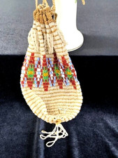 Antique 1920s Glass Iridescent Micro Beaded Drawstring Reticule Purse CHEVRON 9"