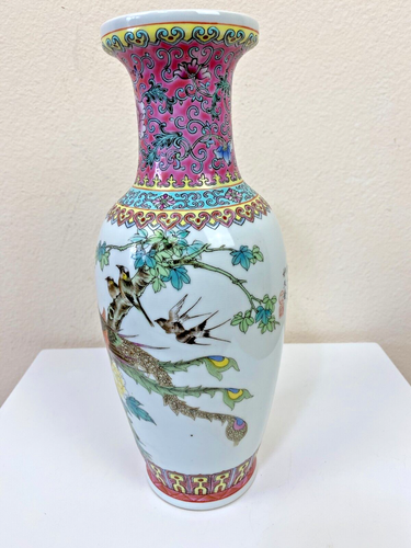 Vintage Chinese Famille Rose Porcelain Pheonix Vase Peonies Signed 12" x3.5" - Picture 4 of 13