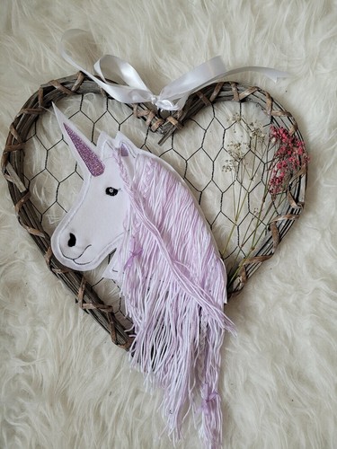 Einhorn Applikation mit Wollmähne und Glitzerhorn, Einhornkopf, Aufnäher - Bild 2 von 3