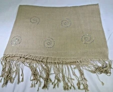 Scarf Crystal Swirl Pattern Fashion Wrap Beige w/ Tassel Fringe