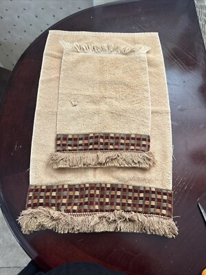 PCHF Sherry Kline USA Hand Tip Towels Checkered Fringe Red Gold Set Of 2 Flaw