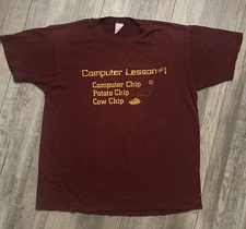 VINTAGE Computer / Cow Chip Meme T Shirt 80s Single Stitch Nerd Novelty Maroon L