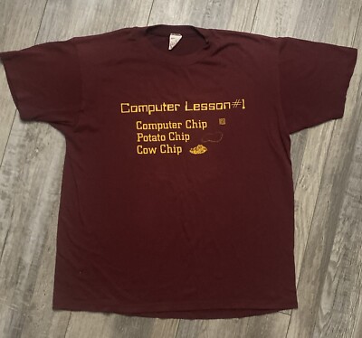 VINTAGE Computer / Cow Chip Meme T Shirt 80s Single Stitch Nerd Novelty Maroon L