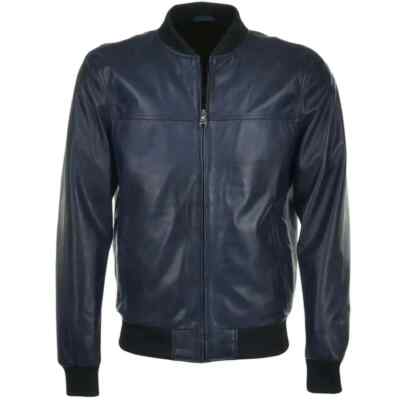 Original Navy Blue Men Jacket Leather Genuine Lambskin Handmade Biker Stylish