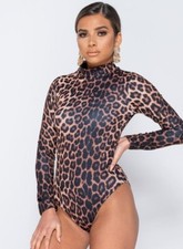 Women Leopard Print High Neck Bodysuit Long Sleeve Casual Stretch Top Blouse