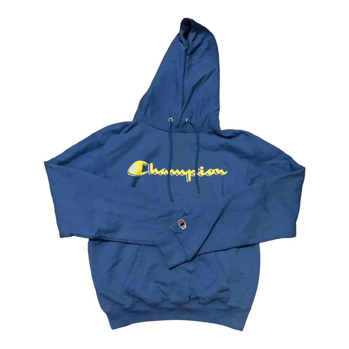 Blue champion hoodie store with yellow writing
