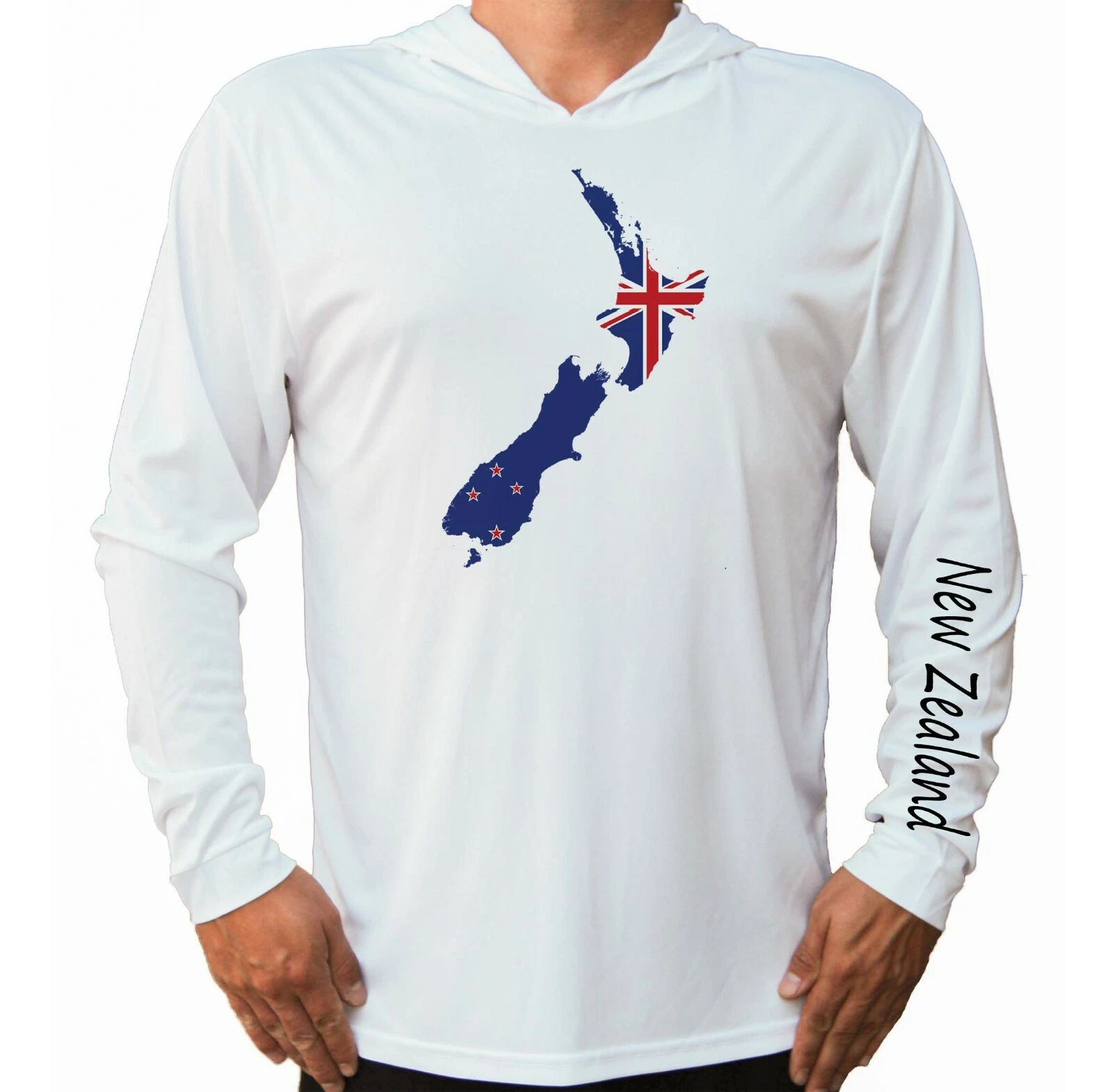 New Zealand Map Flag Boat Fishing Beach UV UPF 50 Long Sleeve T-Shirt Hood