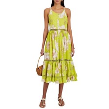 Farm Rio Yellow Neon Garden Midi Dress Floral Swiss Dot Lace Trim Size Large