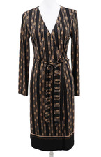 Lauren Ralph Lauren Midi Wrap Dress Womens Size 6 Black Taupe Chain Print New