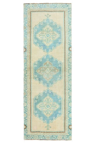 Hand-Knotted Turkish Oushak Wide Runner 4x11 ft – Cream Aqua Coastal Hallway Rug
