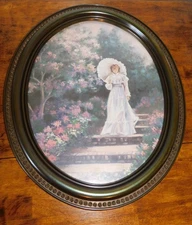 Vintage Syroco Oval Framed Print Under Glass Young Lady with Umbrellla Parasol