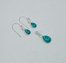 925 Solid Sterling Silver Blue Turquoise Hook Earring Pendant Set