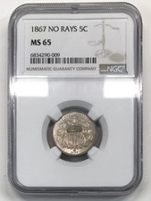1867 NO RAYS Shield Nickel NGC MS-65