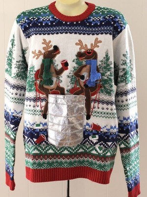 Blizzard Bay Ugly Christmas Sweater XL Reindeer Beer Pouch Pocket Drinking Mens