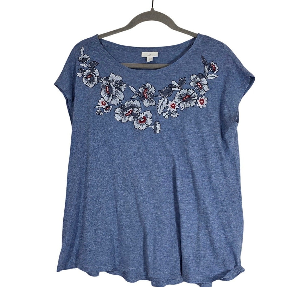 J. Jill Women’s Small Blue Floral Embroidered Top 100% Cotton Boho Casual Tee