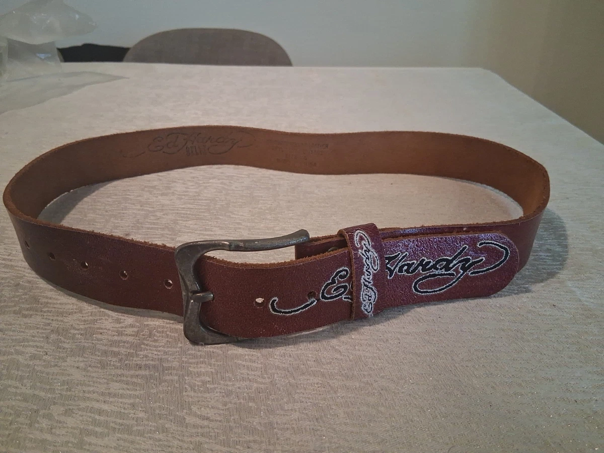 Vintage Ed Hardy Brown Leather Belt Embroidered Script Logo Y2K Size S EH1102 Unisex ED HARDY Y2K Brown Leather Belt W/ Eagle Patch Size L  main image 4