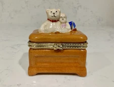 Vintage Kids Trinket Box with Teddy Bears on Toy Chest, Porcelain and Metal 